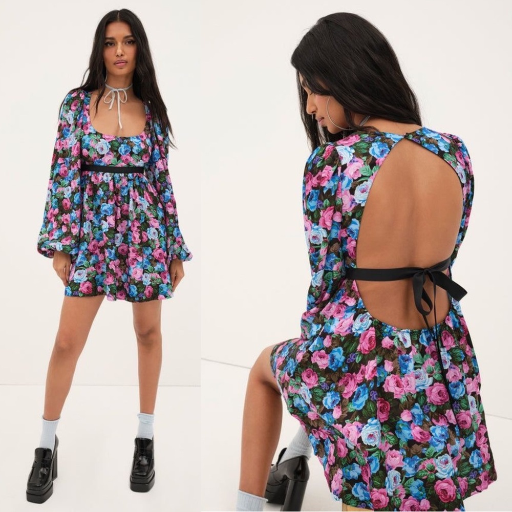 For Love & Lemons NWT Maggie Dress Pink Blue Black Floral Open Back Babydoll XS
